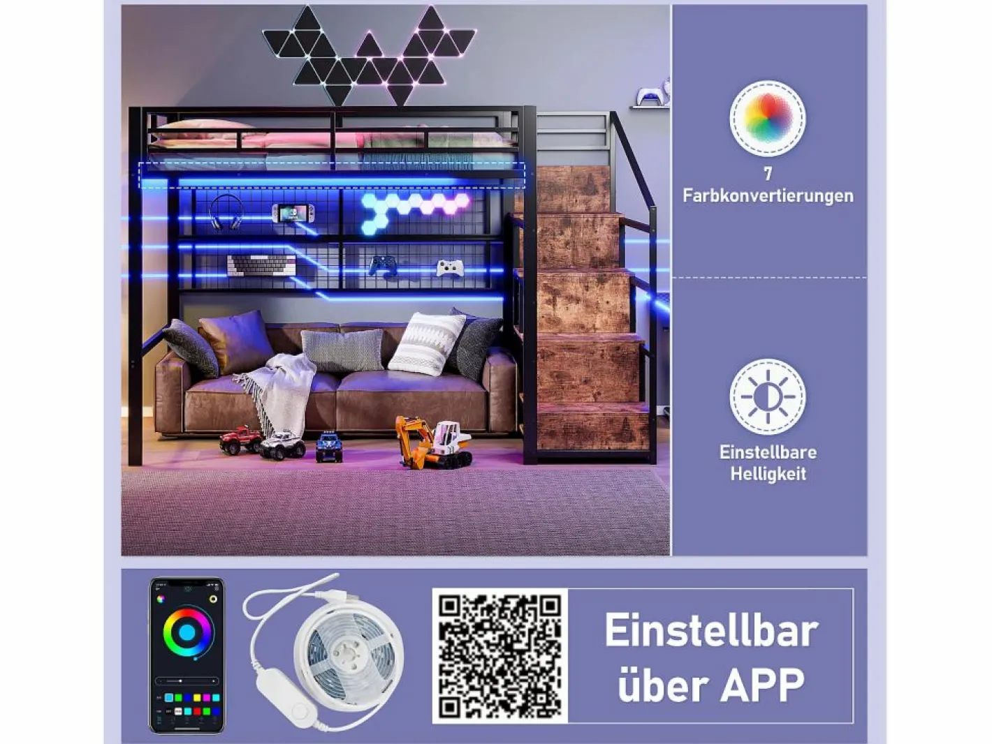 Cama alta infantil - 140 x 200 cm - con armario + almacenaje en el hueco de la escalera + LED - Metal + MDF -^Merax Outlet