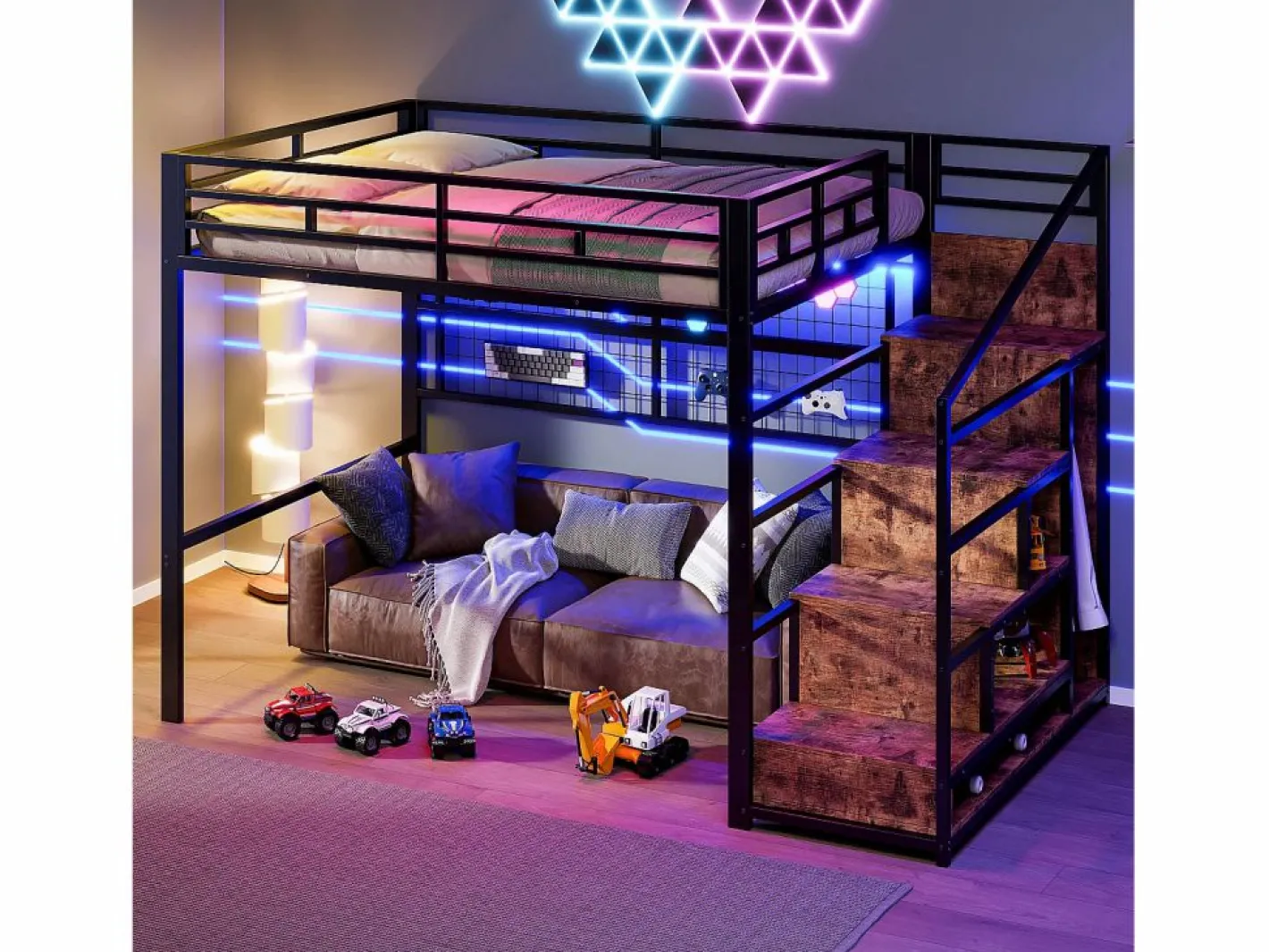 Cama alta infantil - 140 x 200 cm - con armario + almacenaje en el hueco de la escalera + LED - Metal + MDF -^Merax Outlet
