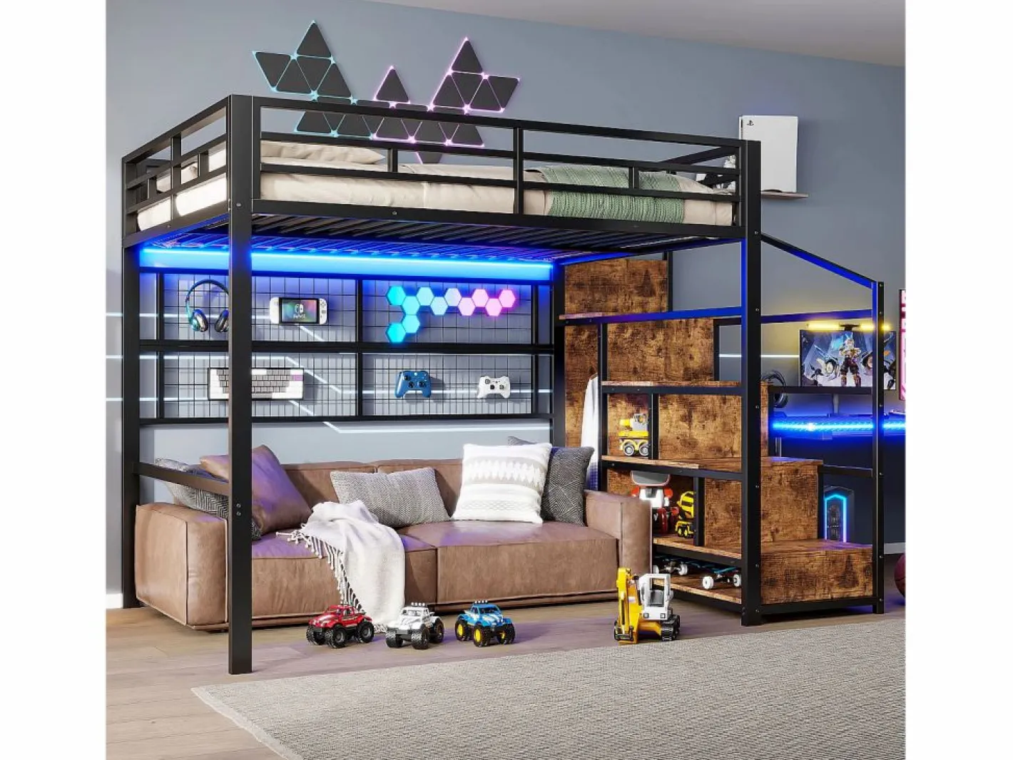 Cama alta infantil - 140 x 200 cm - con armario + almacenaje en el hueco de la escalera + LED - Metal + MDF -^Merax Outlet