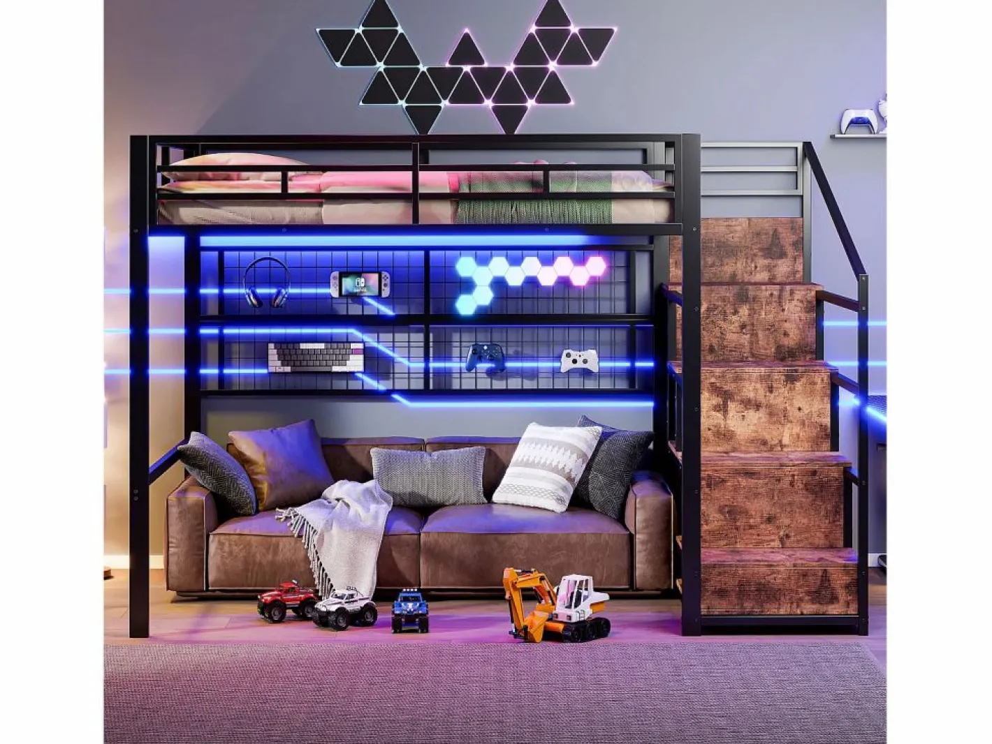 Cama alta infantil - 140 x 200 cm - con armario + almacenaje en el hueco de la escalera + LED - Metal + MDF -^Merax Outlet