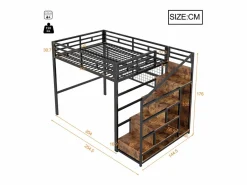 Cama alta infantil - 140 x 200 cm - con armario + almacenaje en el hueco de la escalera + LED - Metal + MDF -^Merax Outlet