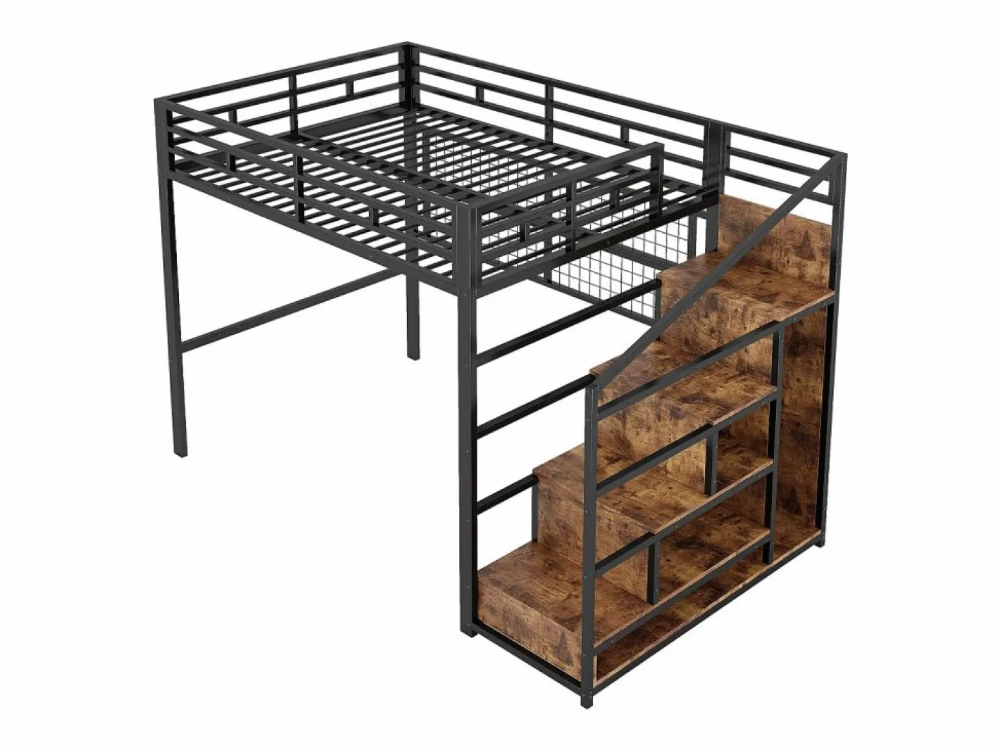 Cama alta infantil - 140 x 200 cm - con armario + almacenaje en el hueco de la escalera + LED - Metal + MDF -^Merax Outlet
