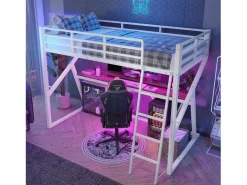 Merax Cama alta infantil - 90 x 200 cm - estructura de hierro - con LED + escalera + escritorio - Metal + MDF - Blanco Discount