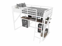 Merax Cama alta infantil - 90 x 200 cm - estructura de hierro - con LED + escalera + escritorio - Metal + MDF - Blanco Discount