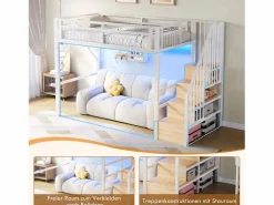 Cama alta infantil - 90 x 200 cm - estructura de hierro - con LED + escalera de almacenaje - metal -^Merax Hot