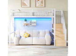 Cama alta infantil - 90 x 200 cm - estructura de hierro - con LED + escalera de almacenaje - metal -^Merax Hot