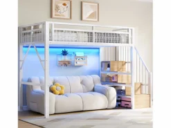 Cama alta infantil - 90 x 200 cm - estructura de hierro - con LED + escalera de almacenaje - metal -^Merax Hot
