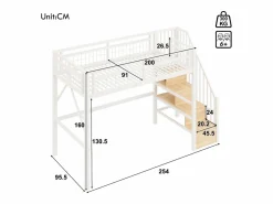 Cama alta infantil - 90 x 200 cm - estructura de hierro - con LED + escalera de almacenaje - metal -^Merax Hot