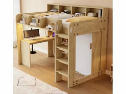 Merax Cama Alta|Cama alta infantil - 90 x 200 cm - con escritorio + armario + mueble de almacenaje + LED - MDF + aglomerado - natural