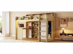 Merax Cama Alta|Cama alta infantil - 90 x 200 cm - con escritorio + armario + mueble de almacenaje + LED - MDF + aglomerado - natural
