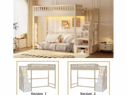 Cama alta infantil - 90 x 200 cm - con escalera de almacenaje + barandilla de seguridad + LED - madera - natural^Merax Sale