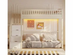 Cama alta infantil - 90 x 200 cm - con escalera de almacenaje + barandilla de seguridad + LED - madera - natural^Merax Sale
