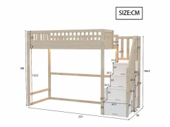 Cama alta infantil - 90 x 200 cm - con escalera de almacenaje + barandilla de seguridad + LED - madera - natural^Merax Sale