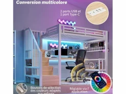 Merax Cama alta infantil - 90 x 200 cm - estructura de hierro - con estante + LED + escritorio + escalera de almacenaje + USB - metal - Blanco New