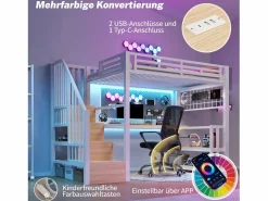 Merax Cama alta infantil - 90 x 200 cm - estructura de hierro - con estante + LED + escritorio + escalera de almacenaje + USB - metal - Blanco New