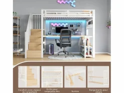 Merax Cama alta infantil - 90 x 200 cm - estructura de hierro - con estante + LED + escritorio + escalera de almacenaje + USB - metal - Blanco New