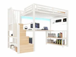 Merax Cama alta infantil - 90 x 200 cm - estructura de hierro - con estante + LED + escritorio + escalera de almacenaje + USB - metal - Blanco New