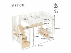 Merax Cama alta infantil - 90 x 200 cm - estructura de hierro - con estante + LED + escritorio + escalera de almacenaje + USB - metal - Blanco New