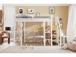 Merax Cama Alta|Cama alta infantil - 140 x 200 cm - Con escritorio + armario + piecero con almacenaje - Metal -