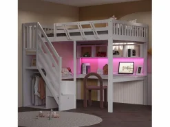 Merax Cama alta infantil - 140 x 200 cm - con escalera de almacenaje + escritorio + puerto USB + LED - madera - Blanco Best