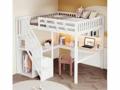 Merax Cama alta infantil - 140 x 200 cm - con escalera de almacenaje + escritorio + puerto USB + LED - madera - Blanco Best