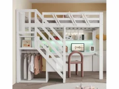Merax Cama alta infantil - 140 x 200 cm - con escalera de almacenaje + escritorio + puerto USB + LED - madera - Blanco Best