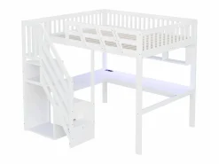 Merax Cama alta infantil - 140 x 200 cm - con escalera de almacenaje + escritorio + puerto USB + LED - madera - Blanco Best