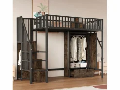Hauss Spole Cama alta infantil de 90 x 200 cm con armario, cajones y escalera de almacenaje - Metal y madera - Negra Negro Outlet