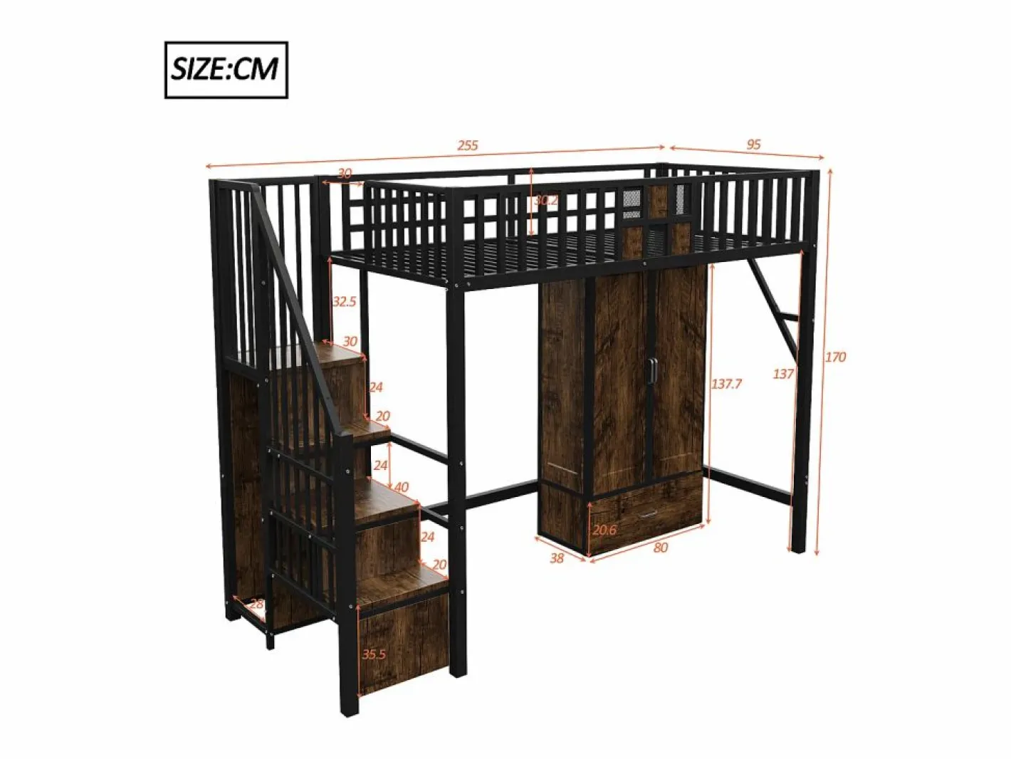 Hauss Spole Cama alta infantil de 90 x 200 cm con armario, cajones y escalera de almacenaje - Metal y madera - Negra Negro Outlet