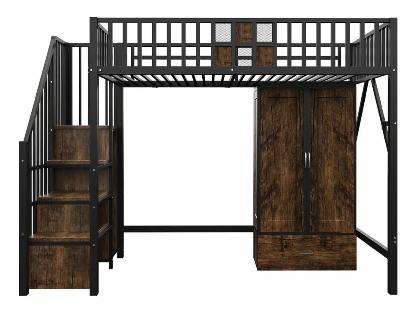 Hauss Spole Cama alta infantil de 90 x 200 cm con armario, cajones y escalera de almacenaje - Metal y madera - Negra Negro Outlet