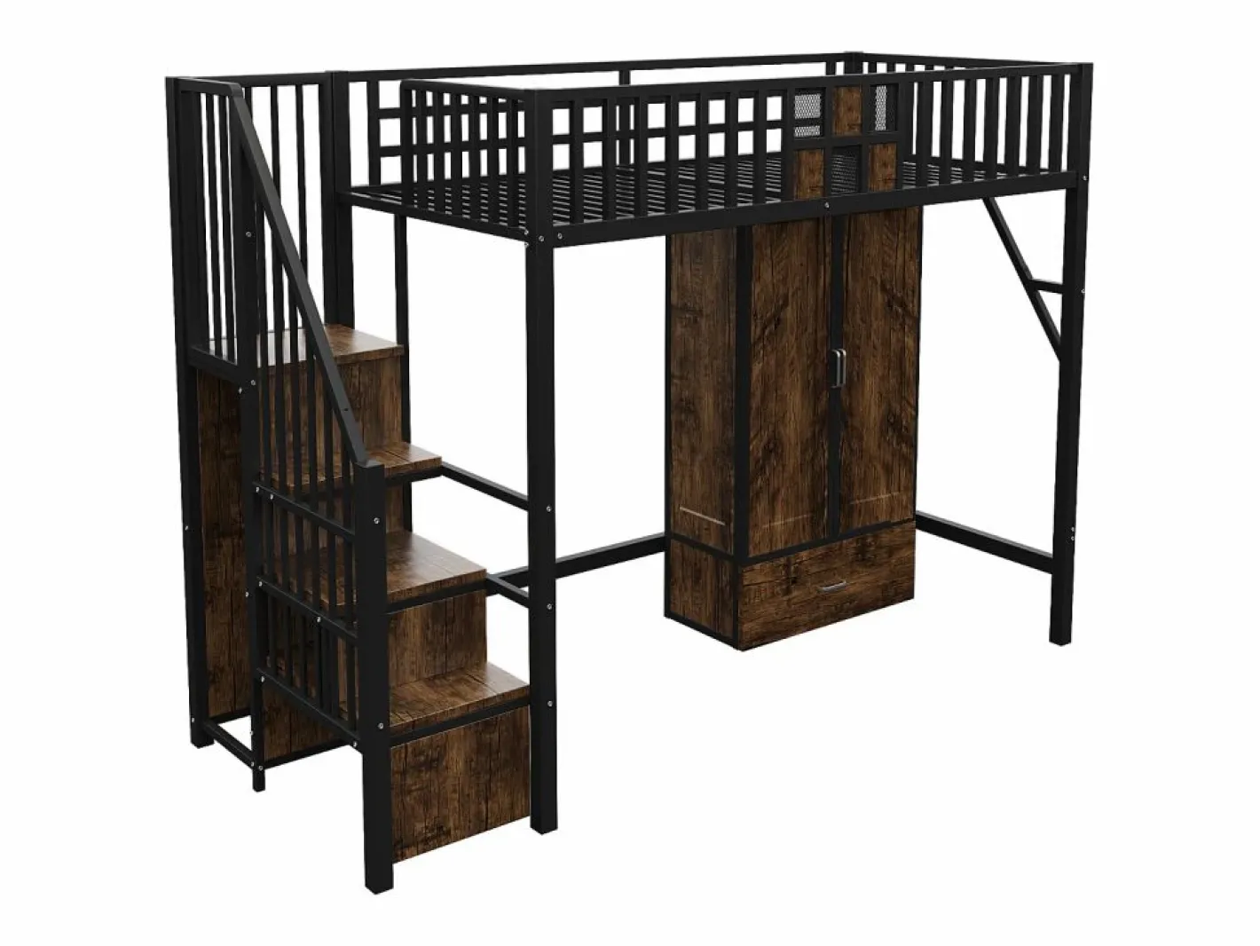 Hauss Spole Cama alta infantil de 90 x 200 cm con armario, cajones y escalera de almacenaje - Metal y madera - Negra Negro Outlet