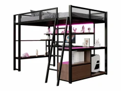 Merax Cama Alta|Cama Infantil|Cama alta infantil de metal - 140 x 200 cm - con escritorio integrado + LED + almacenaje - negra
