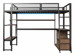 Merax Cama Alta|Cama Infantil|Cama alta infantil de metal - 140 x 200 cm - con escritorio integrado + LED + almacenaje - negra