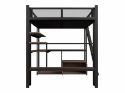 Merax Cama Alta|Cama Infantil|Cama alta infantil de metal - 140 x 200 cm - con escritorio integrado + LED + almacenaje - negra