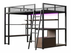 Merax Cama Alta|Cama Infantil|Cama alta infantil de metal - 140 x 200 cm - con escritorio integrado + LED + almacenaje - negra