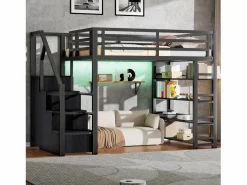 Merax Cama alta infantil de metal - 140 x 200 cm - con estantería + armario + escalera de almacenaje + LED - negra Negro Online