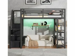 Merax Cama alta infantil de metal - 140 x 200 cm - con estantería + armario + escalera de almacenaje + LED - negra Negro Online