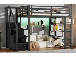 Merax Cama alta infantil de metal - 140 x 200 cm - con estantería + armario + escalera de almacenaje + LED - negra Negro Online