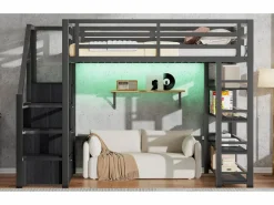 Merax Cama alta infantil de metal - 140 x 200 cm - con estantería + armario + escalera de almacenaje + LED - negra Negro Online