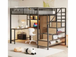 Merax Cama alta infantil de metal - 140 x 200 cm - con escritorio + estantería + armario + cajón + escalera de almacenaje + LED - Negro Discount
