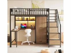 Merax Cama alta infantil de metal - 140 x 200 cm - con escritorio + estantería + armario + cajón + escalera de almacenaje + LED - Negro Discount