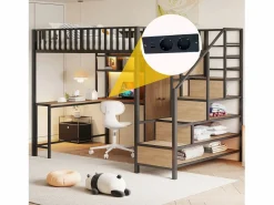 Merax Cama alta infantil de metal - 140 x 200 cm - con escritorio + estantería + armario + cajón + escalera de almacenaje + LED - Negro Discount