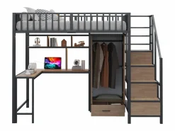 Merax Cama alta infantil de metal - 140 x 200 cm - con escritorio + estantería + armario + cajón + escalera de almacenaje + LED - Negro Discount