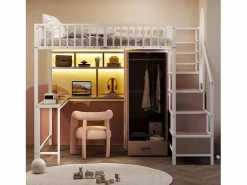 Merax Cama alta infantil de metal - 140 x 200 cm - con escritorio + estantería + armario + cajón + escalera de almacenaje + LED - Blanco Best