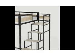 SENHO Cama alta MONTANA con escalera reversible y gran zona de descanso de 140 x 190 cm en metal con acabado epoxi y melamina gris claro Blanco New