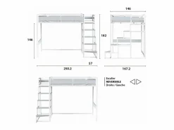 SENHO Cama alta MONTANA con escalera reversible y gran zona de descanso de 140 x 190 cm en metal con acabado epoxi y melamina gris claro Blanco New