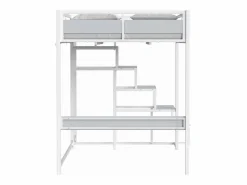SENHO Cama alta MONTANA con escalera reversible y gran zona de descanso de 140 x 190 cm en metal con acabado epoxi y melamina gris claro Blanco New
