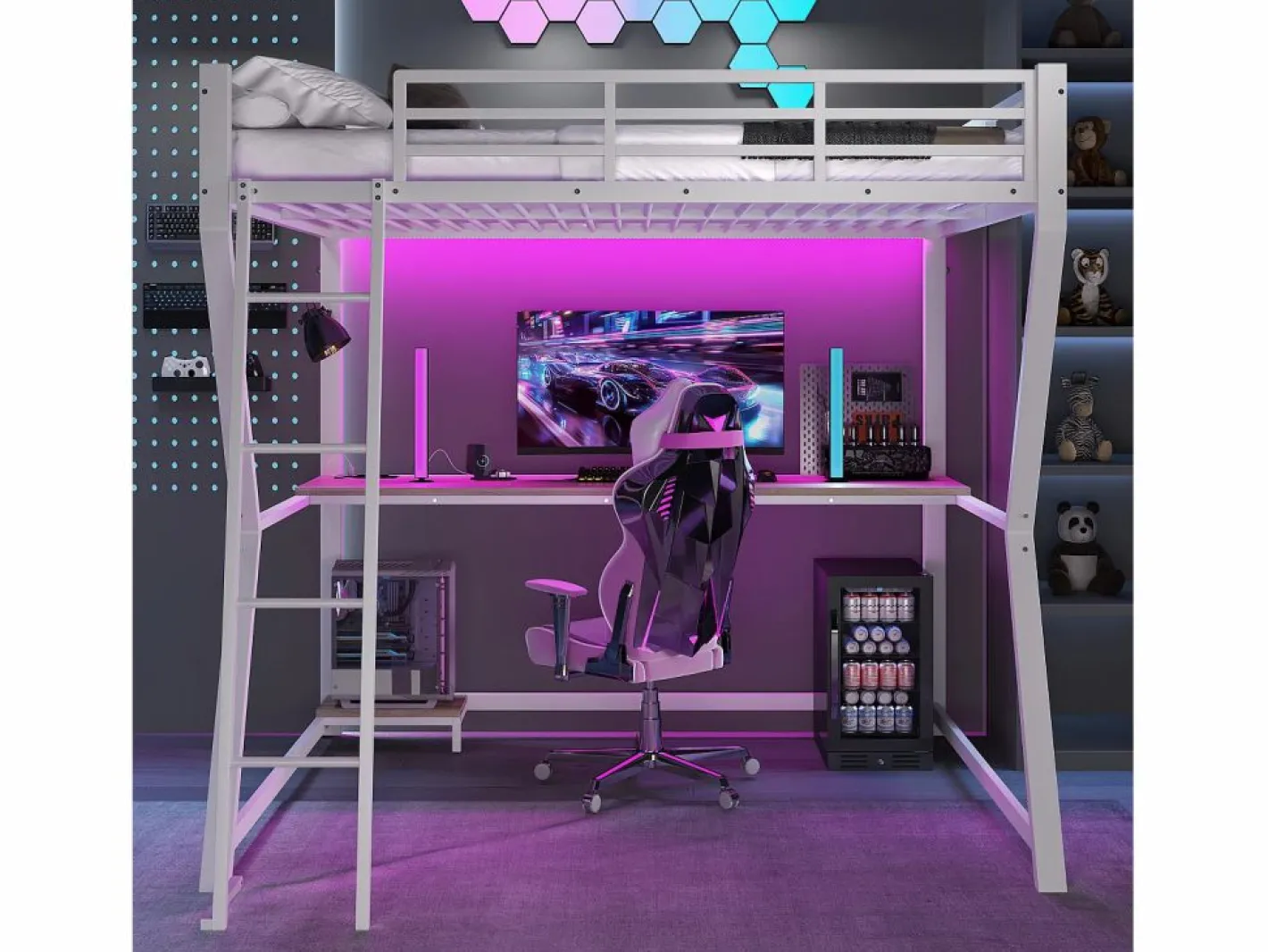 Cama alta para adultos 140x200 cm, blanca, con luz LED y USB, escritorio - sin colchón^OKWISH Hot