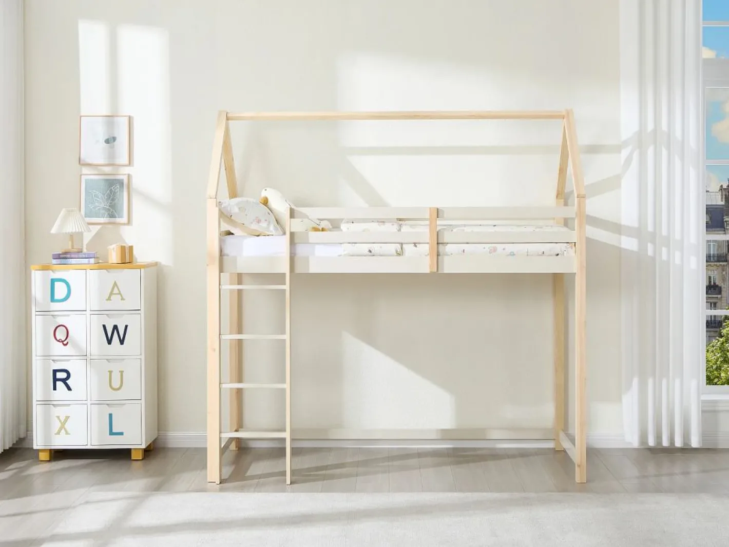 Vente-unique Cama alta tipo cabaña 90 x 190 cm pino macizo y natural - TARZIA Beige Online