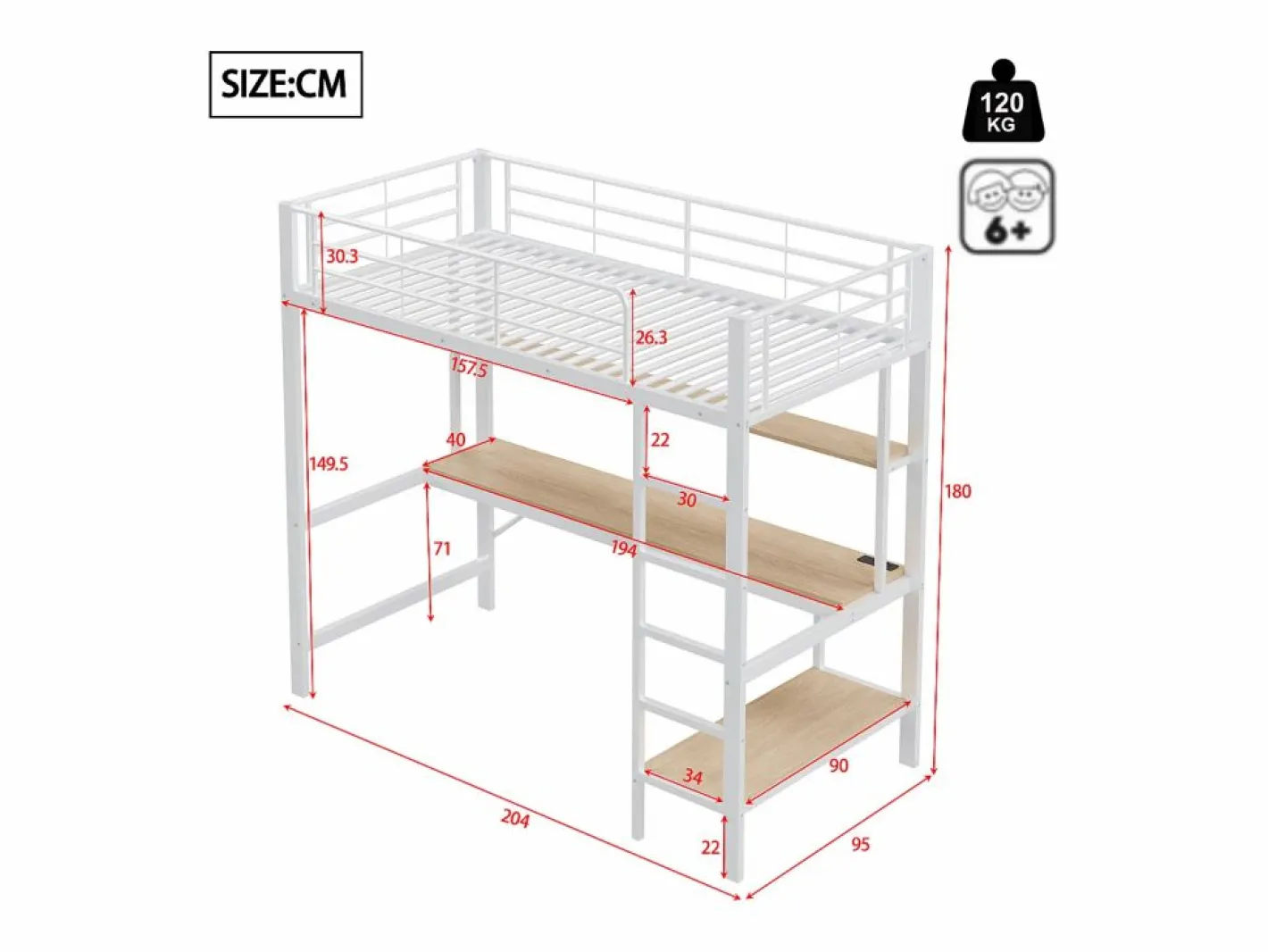 Hauss Spole Cama alta tipo mezzanine 90x200 cm de metal – con barandilla, escalera, USB y enchufe, LED, escritorio y estantería integrada – Blanca (sin colchón) Blanco